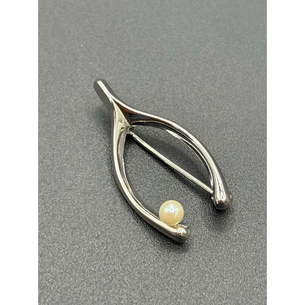 EUC Sterling Silver Pearl Wishbone Brooch Pin D7